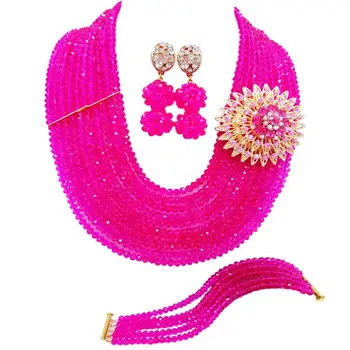 

fuchsia pink nigerian wedding african beads jewelry set crystal costume necklace african set 10C-DS-09