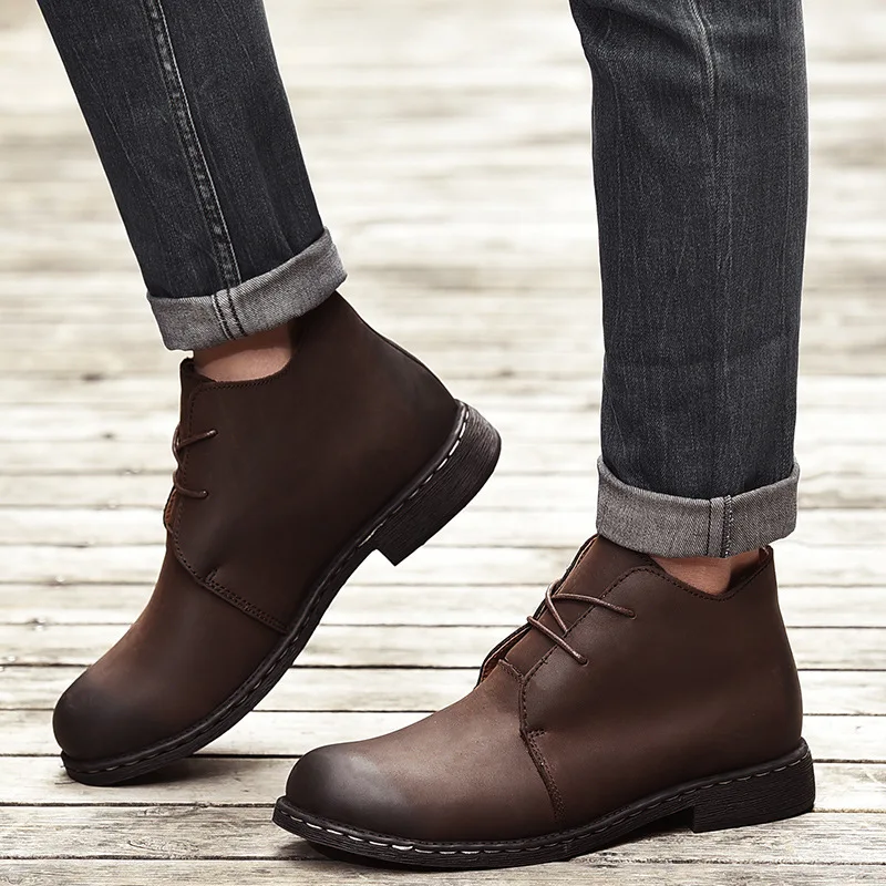 Британский Винтаж ботинки из натуральной кожи Для мужчин коричневый кожаные ботинки martin для мужчин, осень, зима из водонепроницаемого материала; рабочие ботинки; обувь