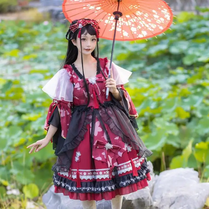 Дизайн; платье принцессы Белоснежки в китайском стиле Hanfu; женское платье в стиле Лолиты; платье с бахромой и бантом; цельное