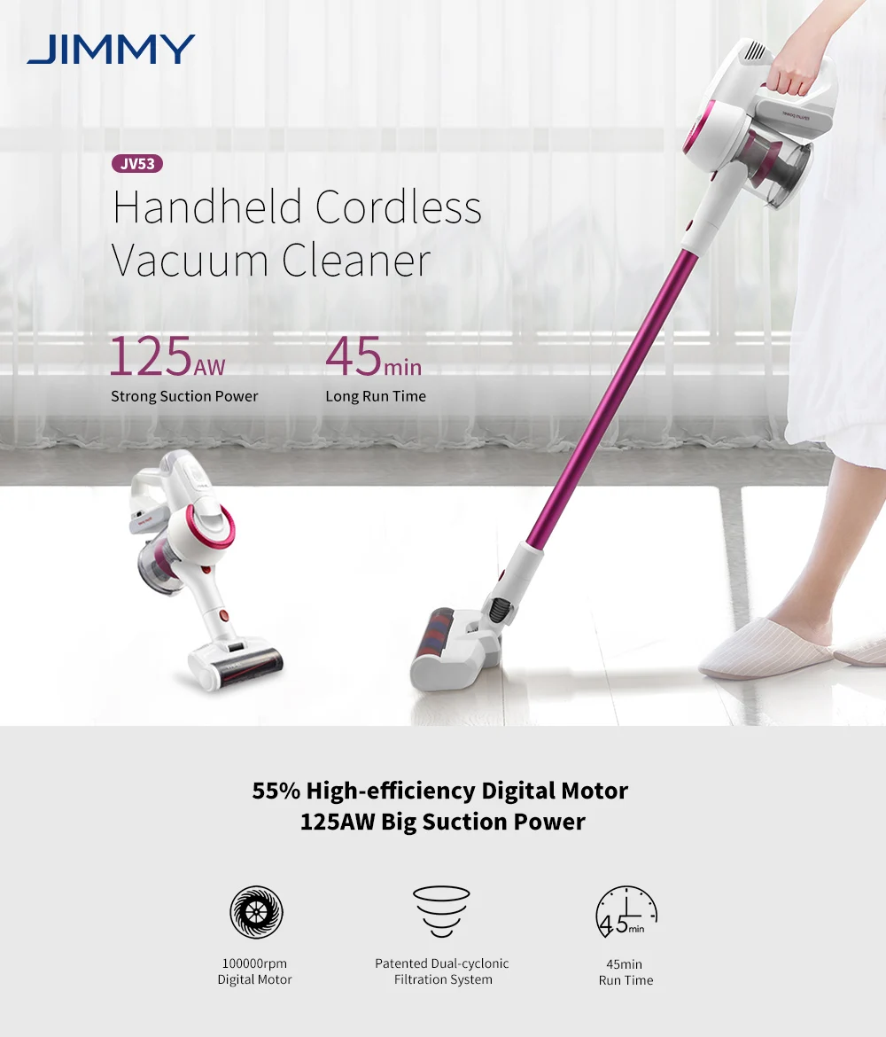 01 JIMMY JV53 Handheld Cordless Vacuum Cleaner 20KPa Effective Suction Power Carpet Sweep Clean Home Wireless Dust Collector