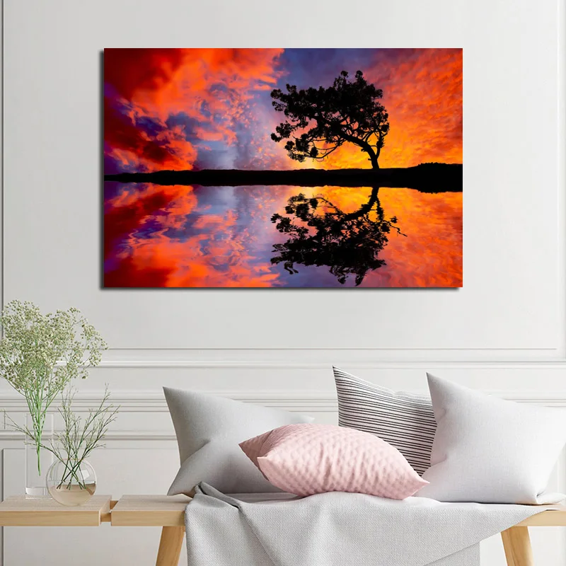 

Sunset Lonely Tree Beautiful Lakescape Canvas Painting Print Living Room Home Decor Modern Wall Art Oil Painting Poster Pictures