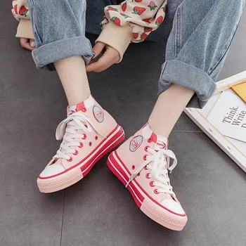 

2020 Spring New Cute Girl Heart Casual Flat High-top Pink Canvas Women's Shoes Korean Harajuku College Style Breathable Sneakers