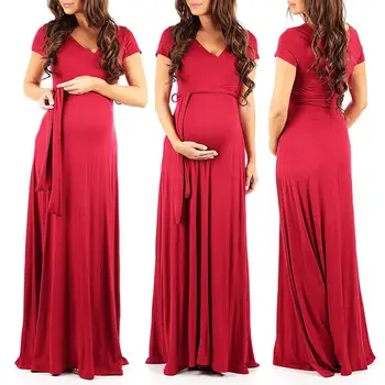 

Explosion models Maternity Fashion V-neck short-sleeve long maternity dresses Comfortable Natural belts Pure colors Maternity