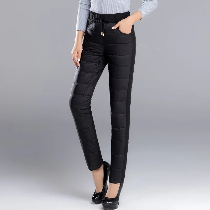 Зимние женские брюки-карандаш с двойной лицевой подкладкой, женские облегающие плотные зимние брюки с эластичной резинкой на талии, женские брюки на 80% утином пуху, PT-150 - Цвет: black