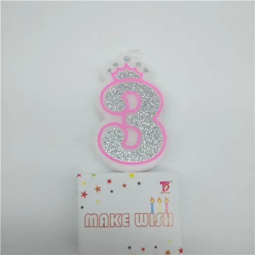 3-pink Номер 0-9 свечи сверкающие Серебристые розовые синие короны свечи для торта украшения для кексов для детей девочек день рожденья для мальчиков - Цвет: 3-pink