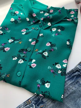 

100% Viscose Autumn Shirt Women Green Forest Print Three Quarter Sleeve ladies Blouses and tops Casual with buttons