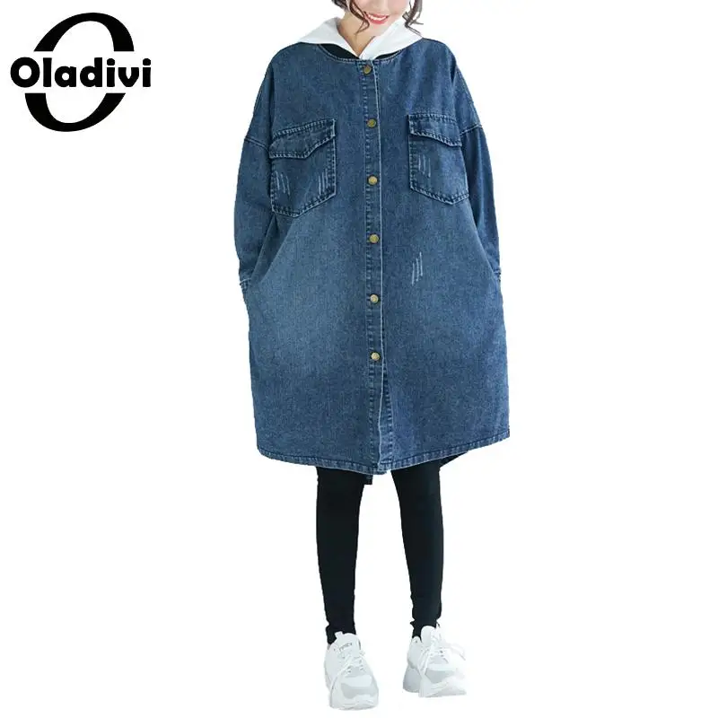 

Oladivi Brand Plus Size Women Denim Trench Coat Fashion Lady Casual Jeans Shirt Spring Autumn Cardigan Female Top Tunic Overcoat