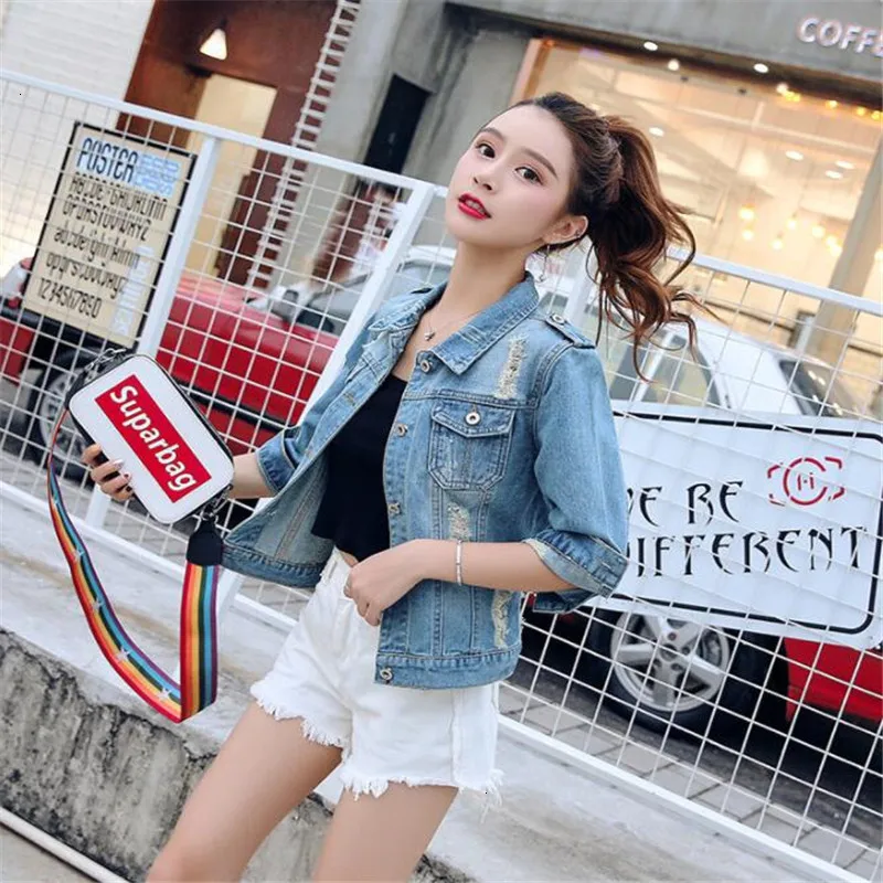 Jeans Jas Vrouwen Casacos Feminino Slim Ripped Gaten Denim Femme Elegante Vintage Bomberjack Basic Jassen |