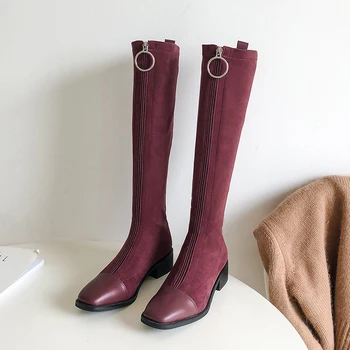 

Elegant Winter autumn Women Knee High Boots patchwork genuine leather Zipper Female Boots Long low heels Dancing Shoes Woman