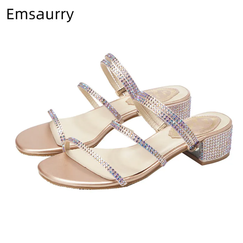 

Sweet Rhinestones Sandals Woman Open Toe Narrow Straps Party Shoes Chunky Square Heel Footwear Female Hot Sell Sandals Women