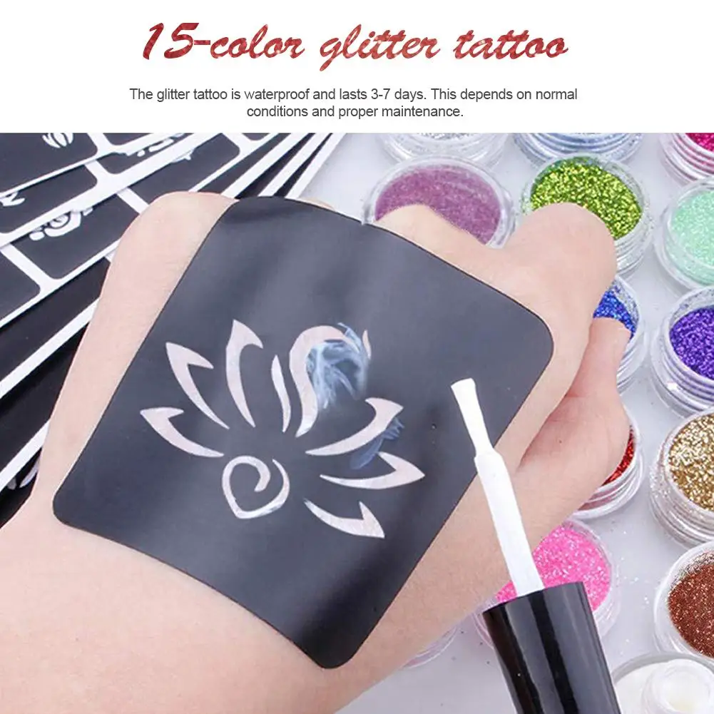 15 Colors Templates Flash Diamond Glitter Shine Flash Powder For Body Temporary Tattoo Kids Adult Face Painting Art Tools Suit