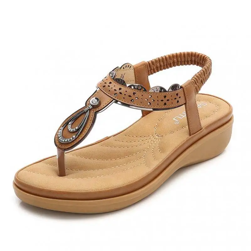 

Women Genuine Leather Crystal Sandals Beach Shoes Rhinestone Sandale Femme Elastic Band Open Toe Bohemian Flat Sandals Gladiator