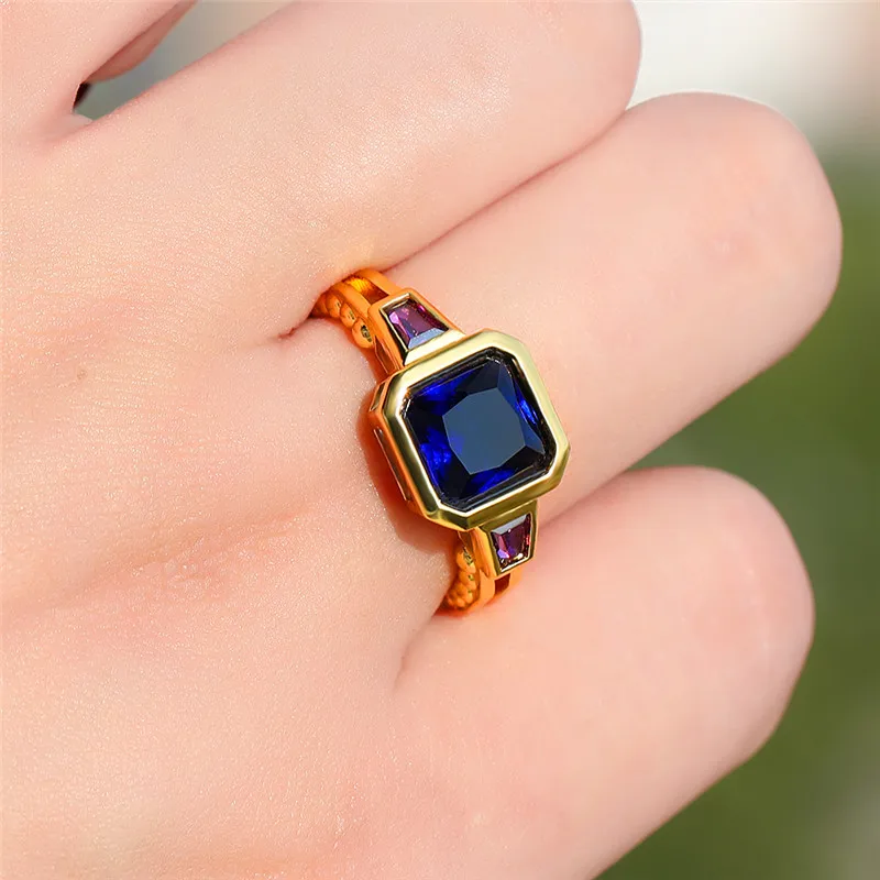 Милое мужское женское зеленое кольцо с голубым камнем кристалл желтое золото циркон обручальное кольцо обещания большие обручальные кольца для мужчин и женщин - Цвет основного камня: Blue