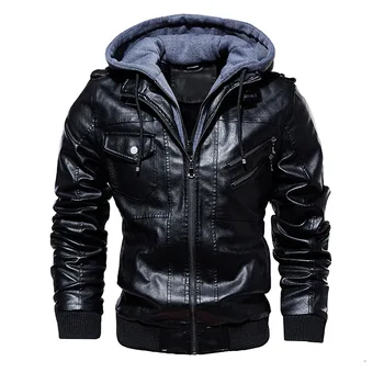 

Puimentiua Men's Autumm Motorcycle Leather Jacket Winter Men's Fashion Casual Hooded Imitation Jacket Men's Warm Leather Jacket