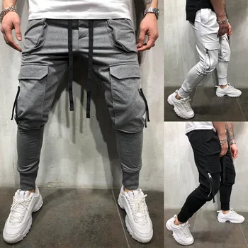 

2019 Men Skinny Pants Fashion Solid Drawstring Pencil Trousers Homme Casual Multi Pockets Hip Hop Joggers Sweatpants Plus Size
