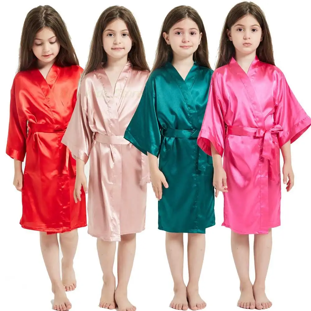 Children Kimono Stain Solid Bathrobes Night Gowns for Baby Girls