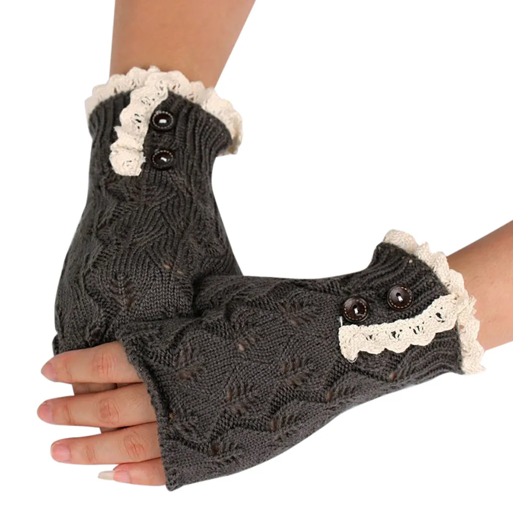 Fingerless Gloves For Women Winter Knitted Button Hollow Out Leaf Lace Glove Keep Warm Mittens
