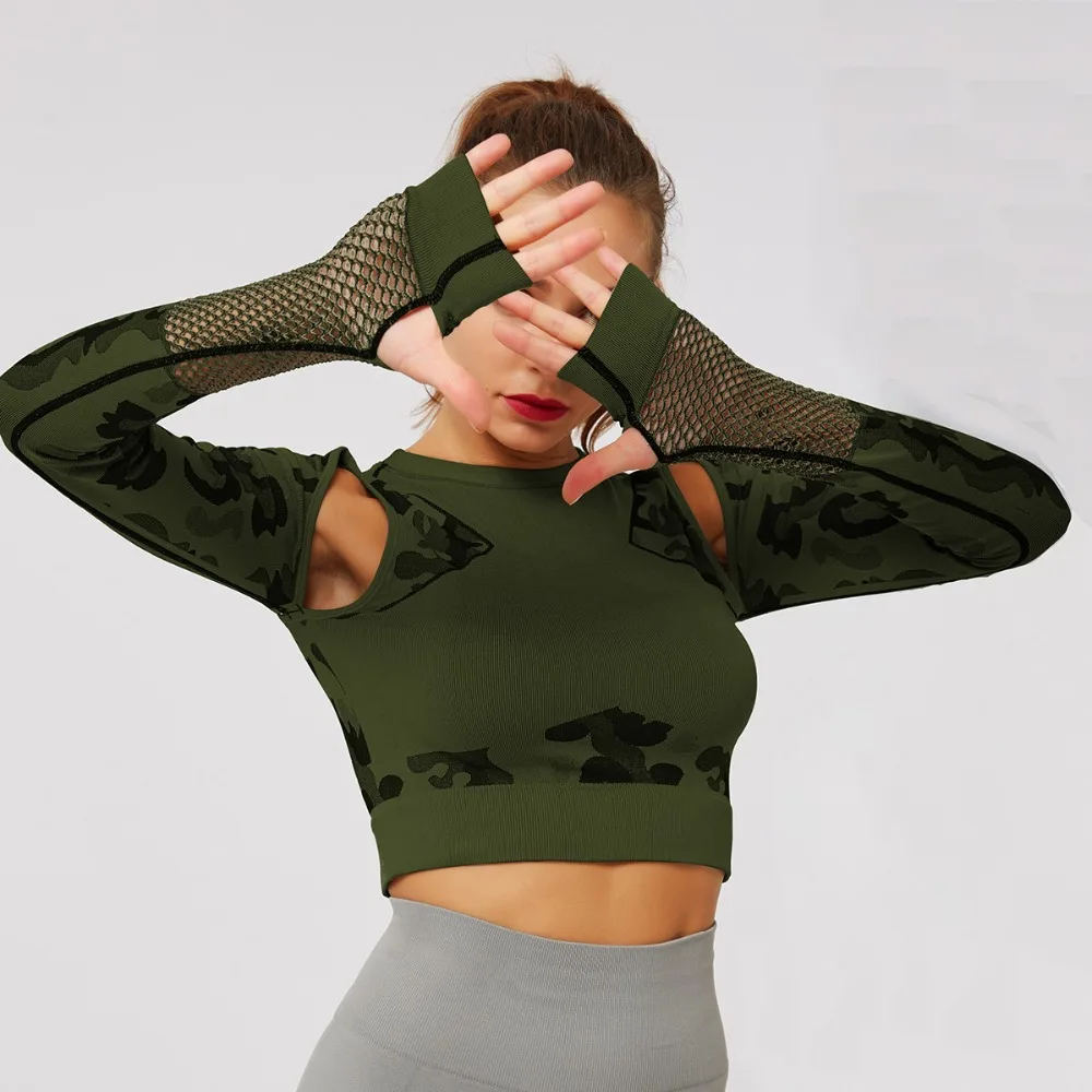 NCLAGEN Sexy Hollow Out Camouflage Yogaings T Shirt Women Patchwork Quick Dry Nylon Cropped Tops Activewear Camo Tee Shirts