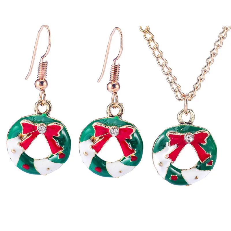 2019 Trend Green Christmas Wreath Necklace Earrings Jewelry Set With Red Bow For Female Dress Decoration Best Gift | Украшения и