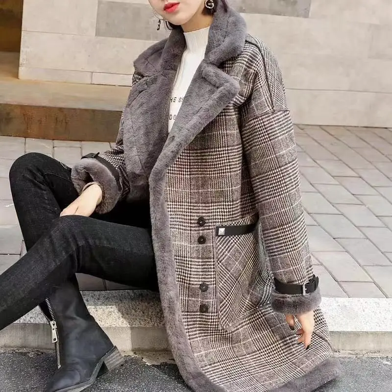 Зимнее женское пальто, винтажное шерстяное клетчатое пальто, модное Формальное тонкое пальто с длинным рукавом, плюс бархатное утепленное длинное пальто для женщин