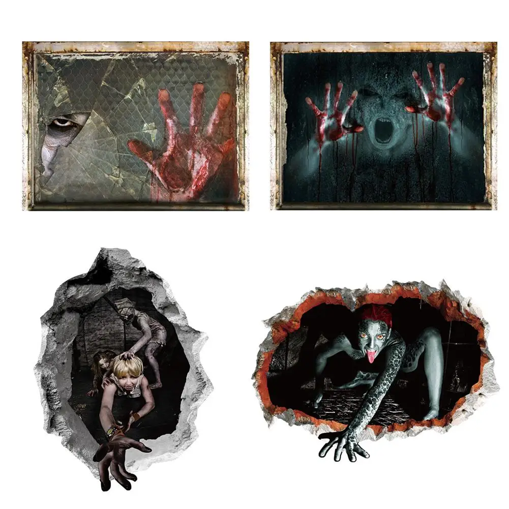

60x45cm Halloween Decor Removable 3d View Scary Bloody Broken Wall Ghost Wall Sticker Home Mural Party Art Living Room Decor 1pc