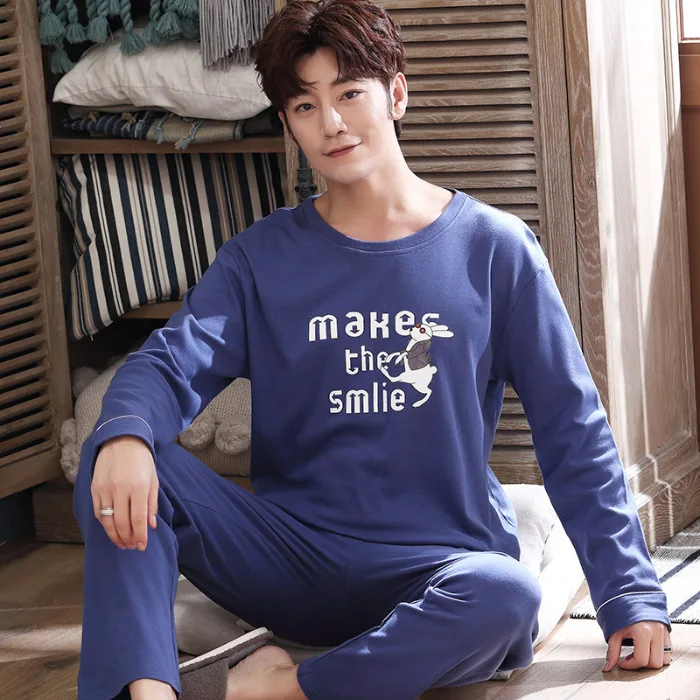 

Spring And Autumn 6535 Cotton Pajamas Men's Long Sleeve Thin Home Wear-Outer Wear Men's Young And Middle-aged Set Japanese Korea