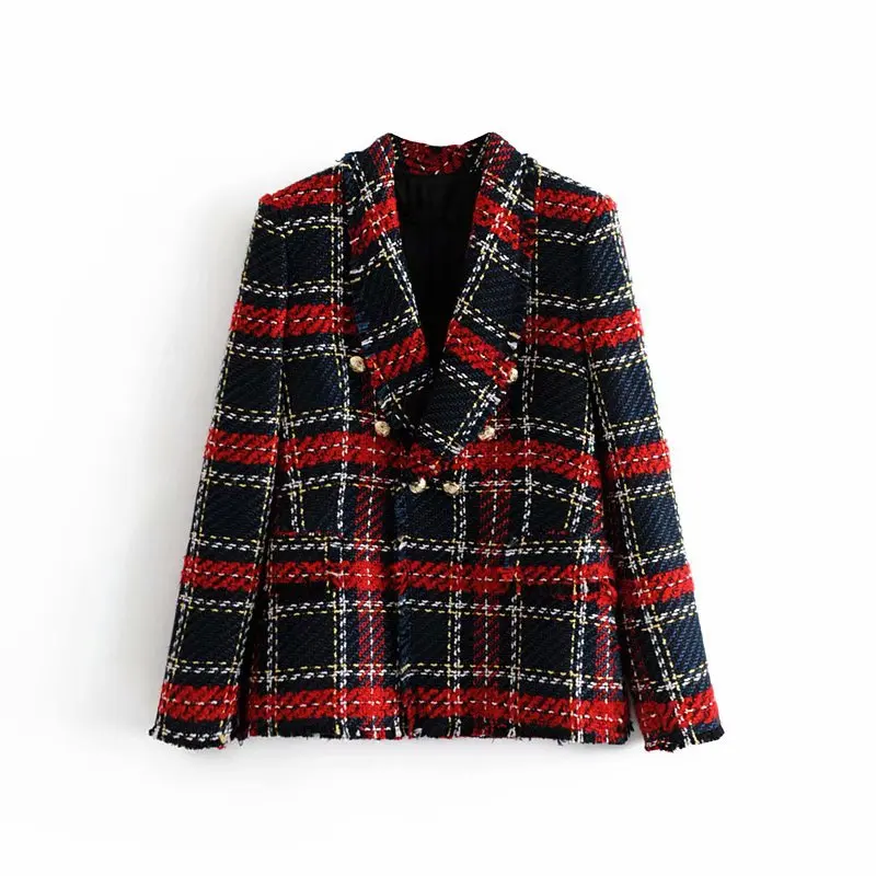 Plaid Винтажный женский Красный Клетчатый твидовый пиджак, элегантный двубортный пиджак с кисточками, зимняя офисная верхняя одежда с длинным рукавом, блейзер - Цвет: Plaid