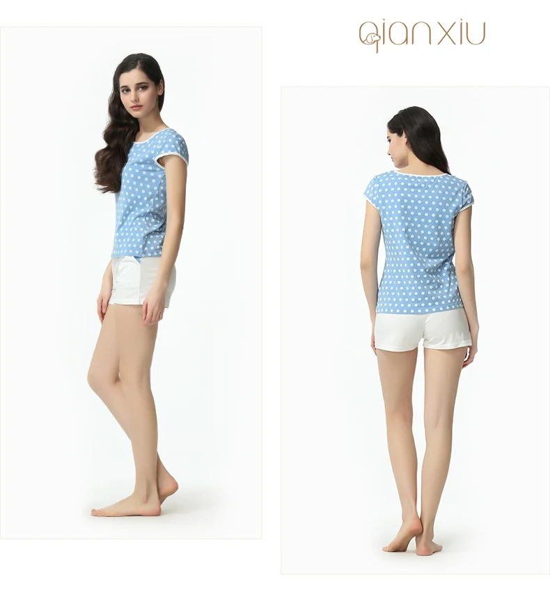Summer Pyjamas Women Polka Dot Sleepwear Suit Casual Pajama Sets 95%cotton Homedress Set  Short Sleeveles Elastic Waist