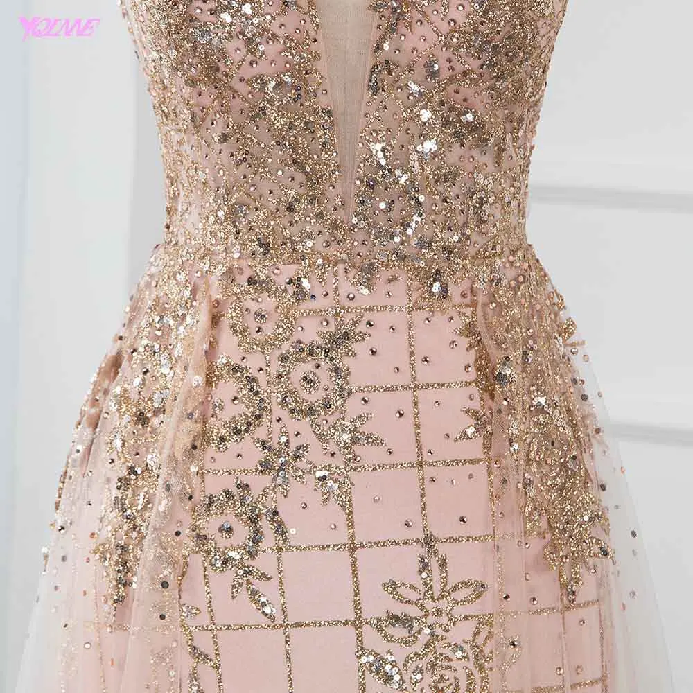YQLNNE сексуальные длинные платья на бретелях для выпускного вечера блестящие розовые Золотые кристаллы тюль милые вечерние платья с открытой спиной