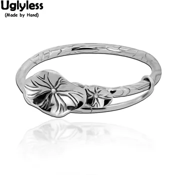 

Uglyless Handmade Lotus Leaf Adjustable Bangles for Women Glossy Real 925 Silver Push-pull Bangle Thai Silver Fine Jewelry BA667