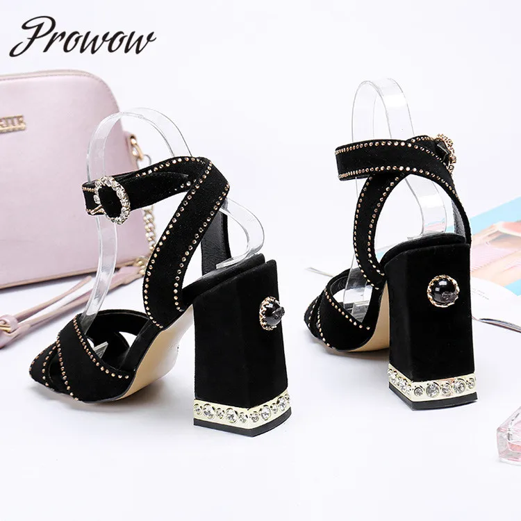 

Prowow New Black Suede Leather Crystal Beading High Heel Summer Sandals Open Toe Buckle Strap Thick Heel Office Lady Sandals