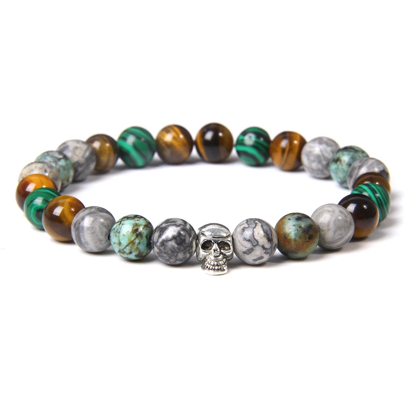 Skull Bracelets Men Women Natural Stone Tiger Eye Bracelet Malachite Labradorite 8MM Beads Stretch Bangles Punk Jewelry stone bead bracelet natural stone bracelet beaded bracelet