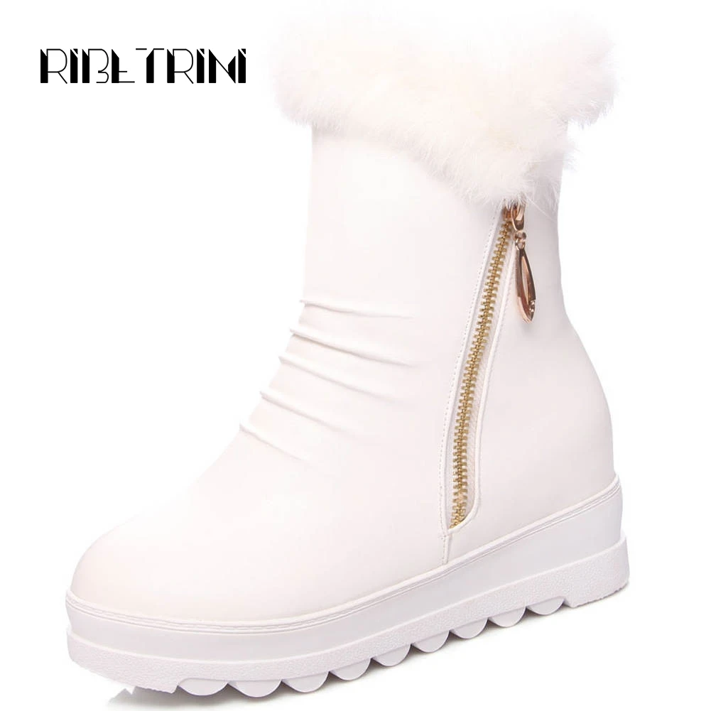 

RIBETRINI Warm Fur Shoes Woman 2019 Faux Rabbit Hair Side Zip Hidden Wedge Boots Women Platform Winter Mid Calf Snow Boots