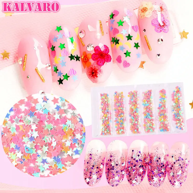 

6 Boxes/Lot AB Color Pink Nail Sequins Glitter Flakes Rhinestones Star Heart Pearl Nail Art Decorations 3D UV Gel DIY Manicure T