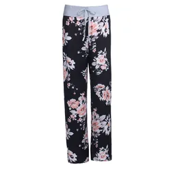Women Loose Pants Lounge Trousers Floral Print Casual Stretch Waist Drawstring High Waist Long Pants Home Pajamas Pants