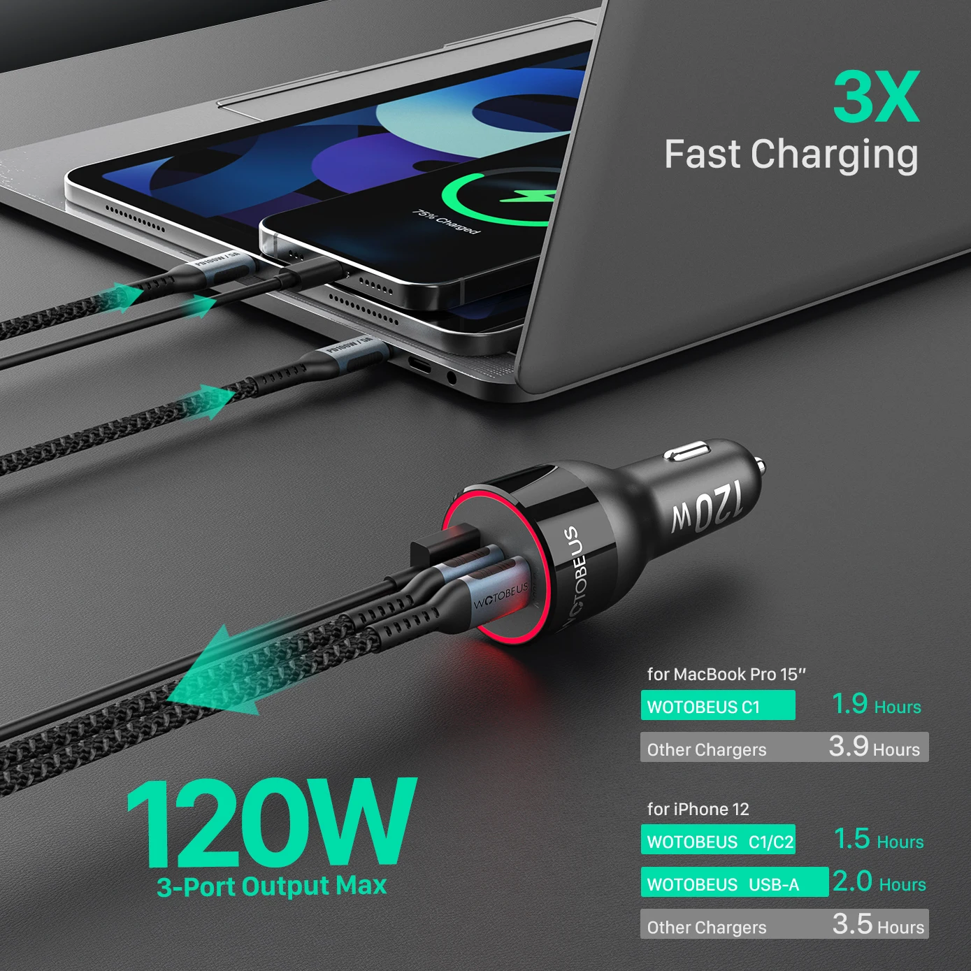 Cargador de coche USB C de 160 W, cargador de coche Baseus tipo C, QC5.0  PD3.0 PPS 3 puertos Cargador de teléfono de carga súper rápida adaptador  para