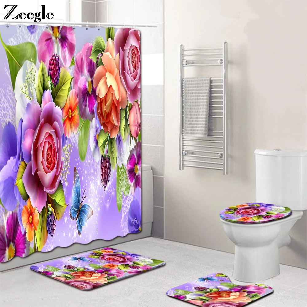 Zeegle 4pcs Bath Mat Set Anti Slip Toilet Pedestal Rug Foot Mat Absorbent Toilet Seat Cover Mat Waterproof Curtain Toilet Set