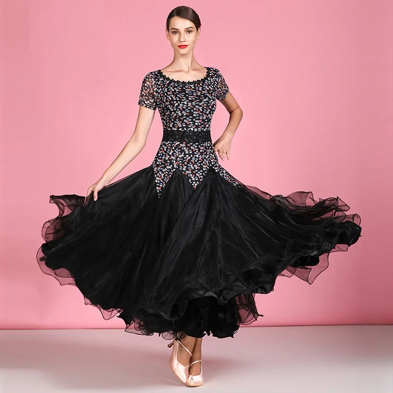 Платье для бальных танцев, длинное бальное платье, костюмы для танго, испанское платье, платье для фламенко, платье для вальса с коротким рукавом, платье с принтом для танцев