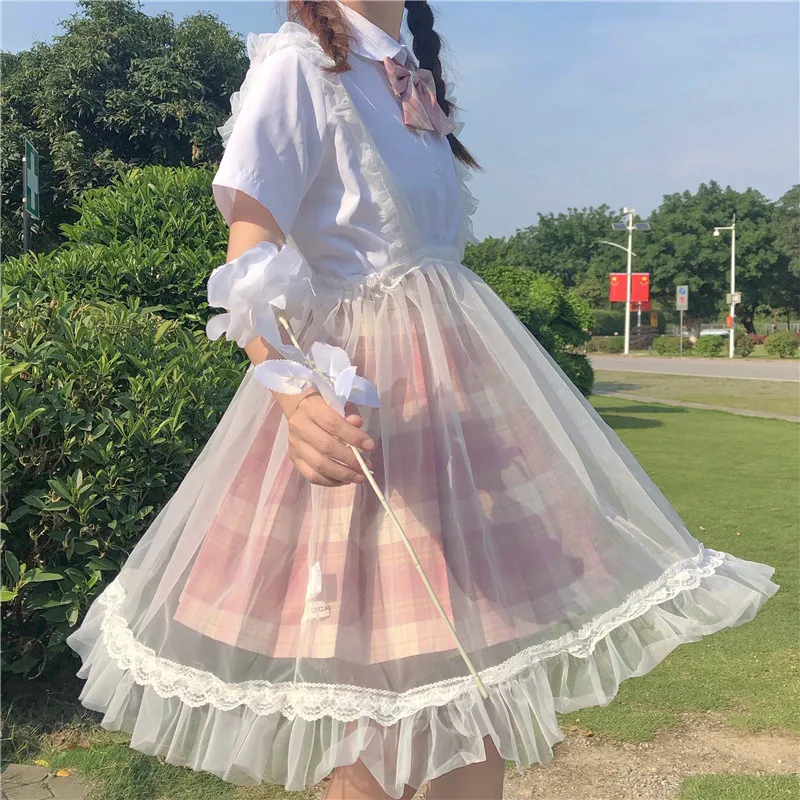 JMPRS Japan Lolita Women White Sundress Preppy Style Suspenders Lace Ruffles Sleeveless Dress Cute Kawaii All-Match Tulle Dress satin dress