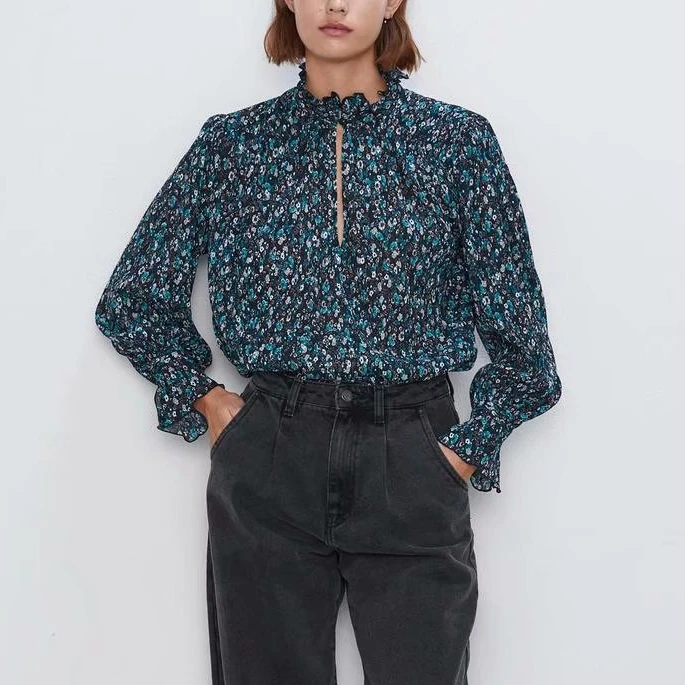 2022 Autumn The New Korean Style Broken Flower Print Women Blouses Ruffles Stand Collar Office Lady Long Sleeve Shirt Tops
