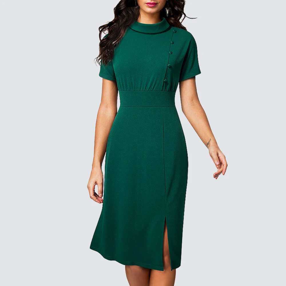 Feminino elegante gola com botões vestidos de trabalho simples vintage ...