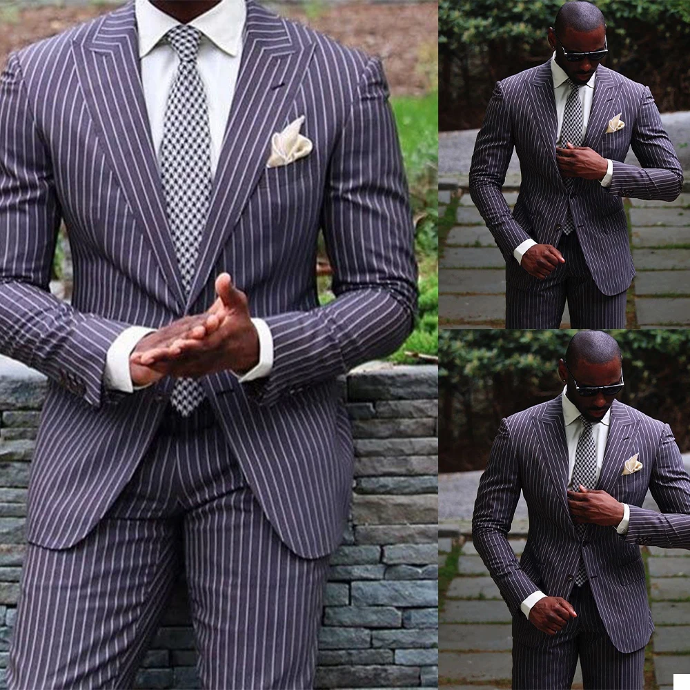 

2 Pieces Stripe Casual Mens Wedding Tuxedos Custom Made Jacket&Pants Groom Groomsmen Suit Mens Formal Wear