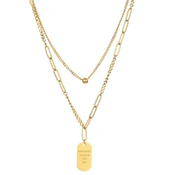 2022 New Fashion Couple Double-layer Letter Square Pendant Beads Chain Necklace Couple Stainless Steel Splicing Chain Necklace