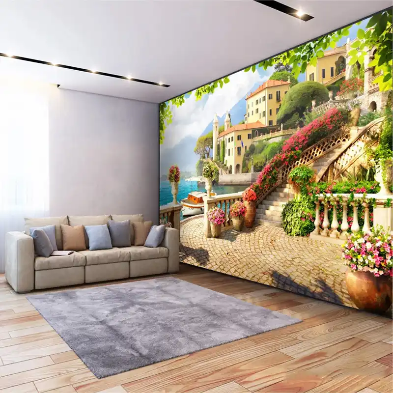 3d Wallpaper Garden Balcony Lake Scenery Building Photo Wall