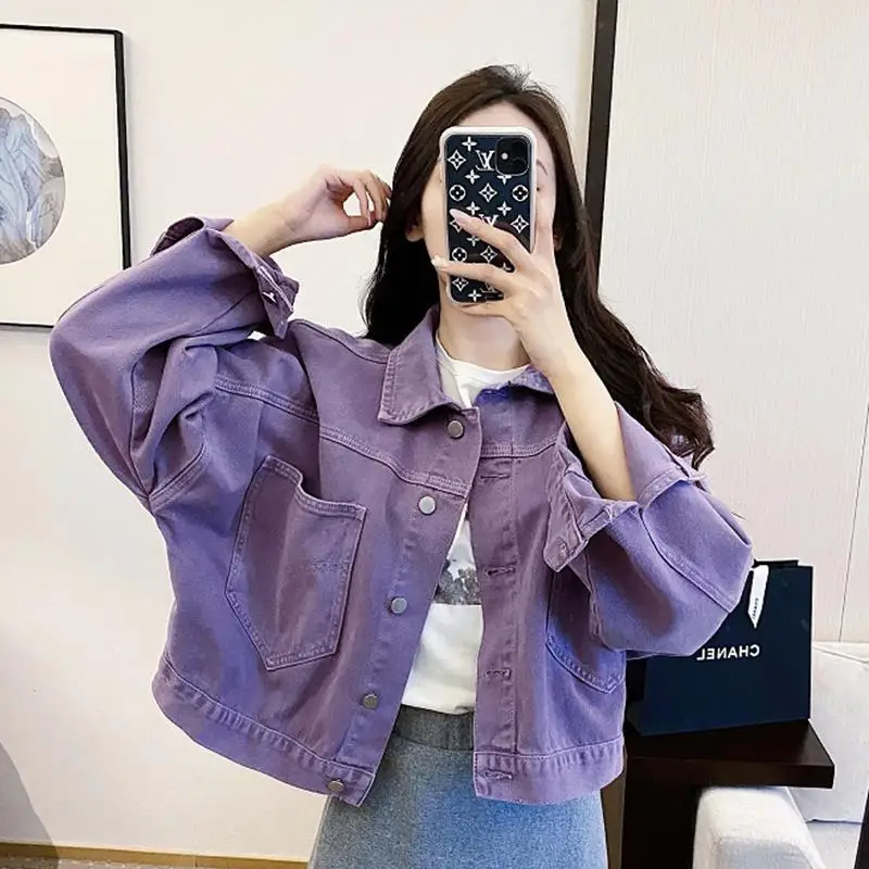 2023 New Fashion Women Purple Casual Denim Jacket Ladies Spring and Autumn  New Jackets Popular Ladies Short Top Solid Color Coat