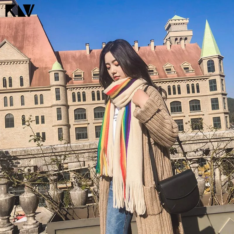 190x40cm Women Girls Pashmina Rainbow Vertical Striped Patchwork Oversized Scarf Shawl with Tassels Winter Warm Blanket Wraps