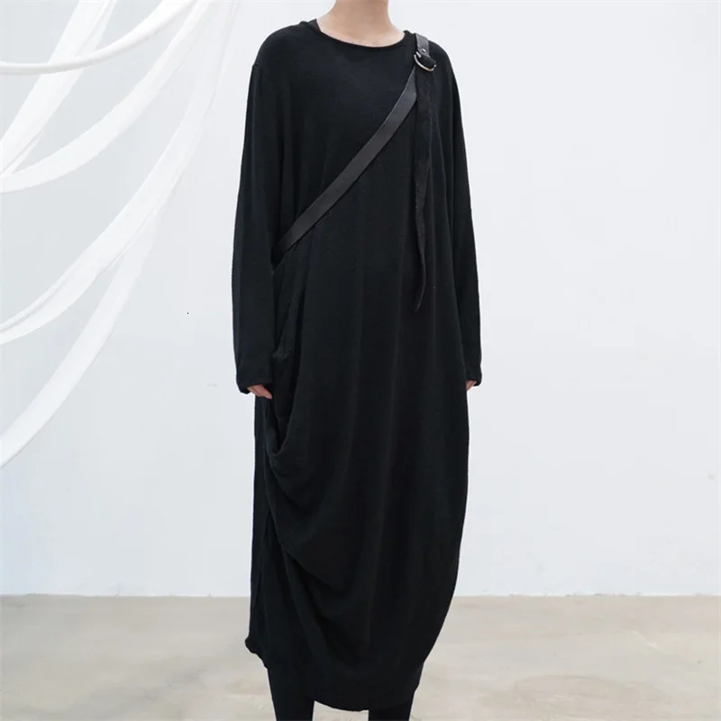 [EAM] женское черное длинное вязаное платье большого размера, новинка, круглый вырез, длинный рукав, свободный крой, мода, весна-осень 1H049