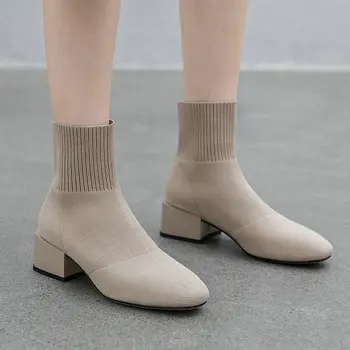 

EshtonShero Square Med Heels Boots Women Leather Shoes Ankle Boots For Knitting Winter Shoes Woman Casual Autumn Size 3-8