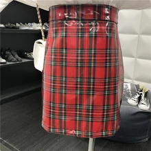 Ретро клетчатая блестящая юбка из искусственной кожи женская осень и зима колледж Ветер Уайлд Высокая талия была тонкой