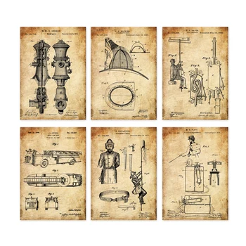 

vintage patent art prints on fireman gear clothe fire trucks wall decor prints 6 in 1 unframed